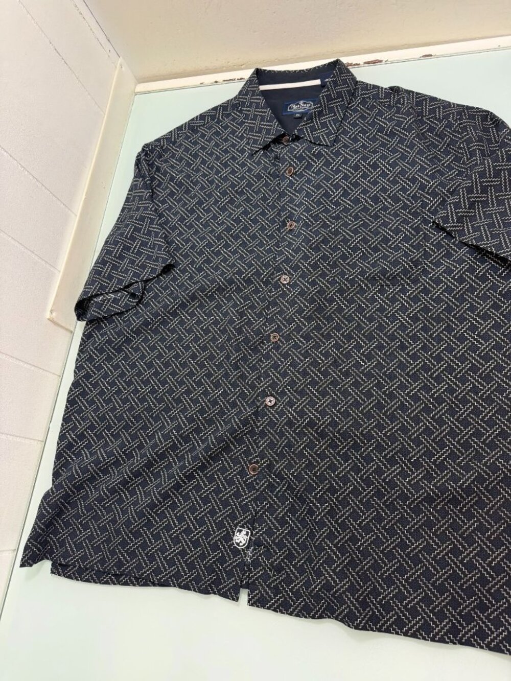 Nat Nast Shirt Mens XL Silk Cotton Navy Geometric Button Up Short Sleeve Retro